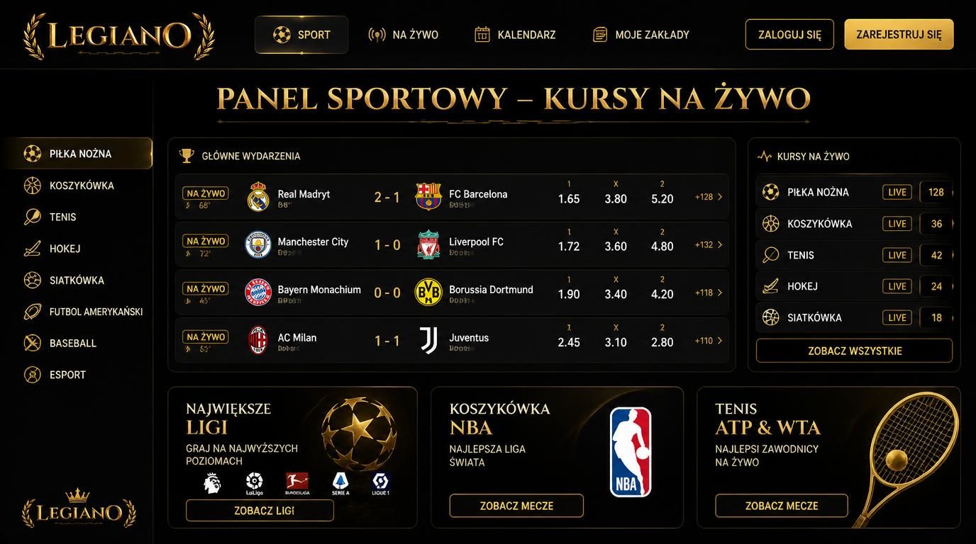 Interfejs panelu sportowego z kursami piłki nożnej