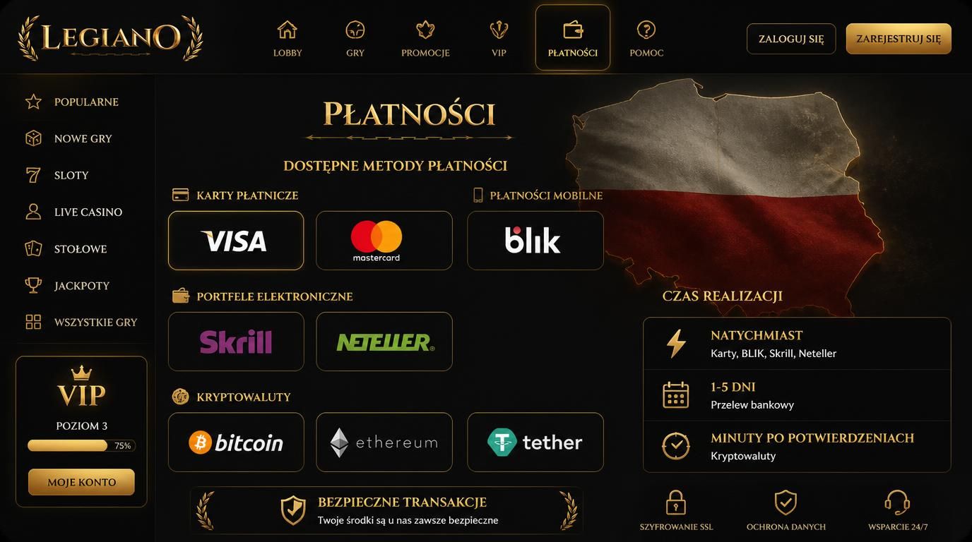 Schemat metod płatności i wypłat kasyno Legiano